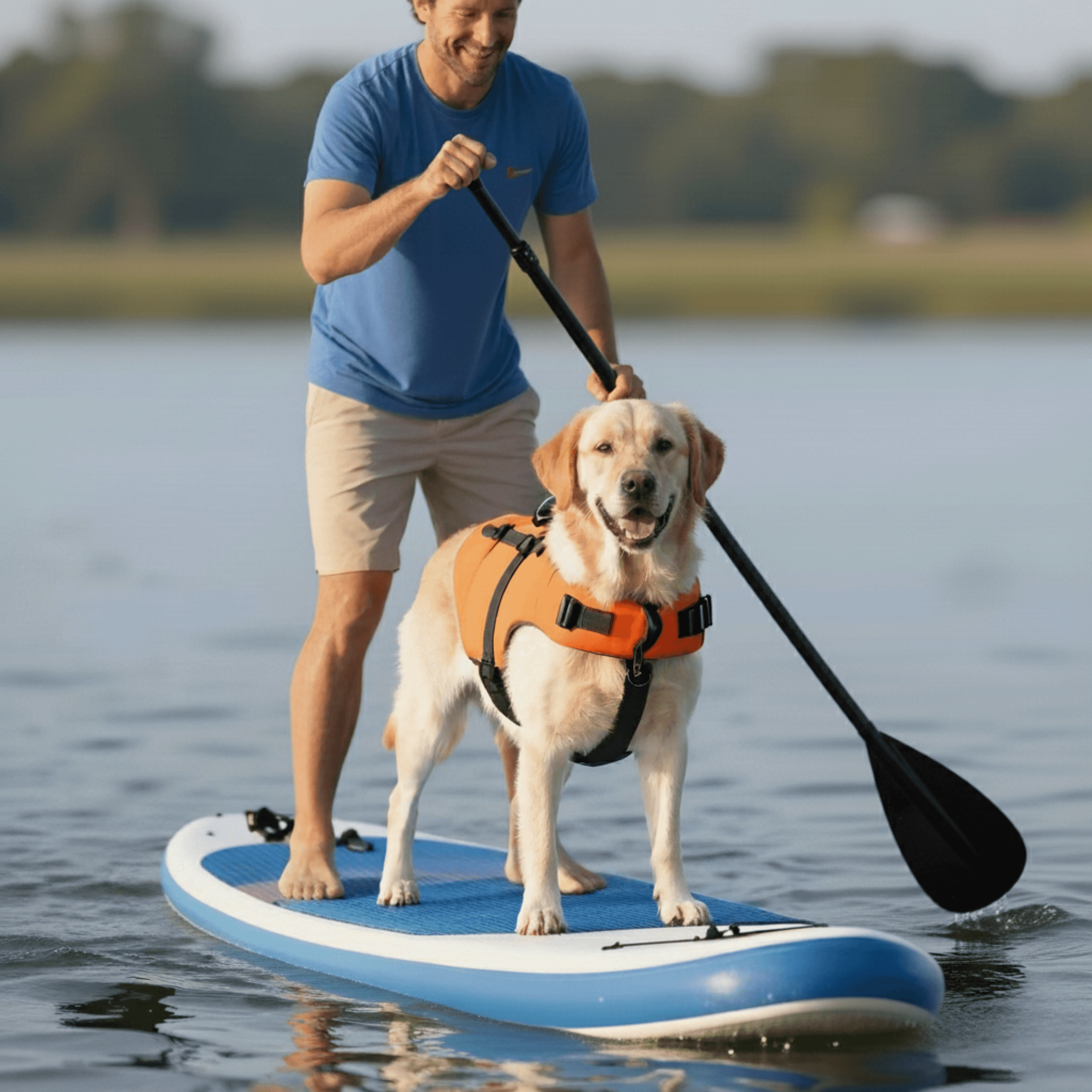 Family and dog standing on a paddleboard near Wilmington