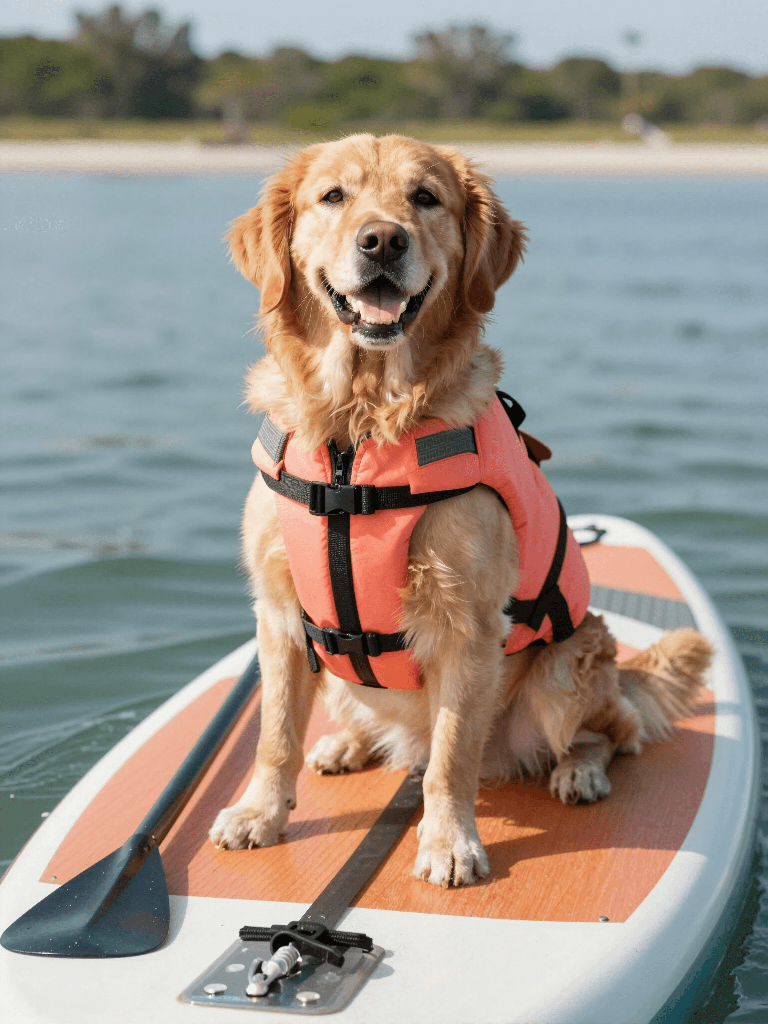 Dog wearing a life vest on a paddleboard