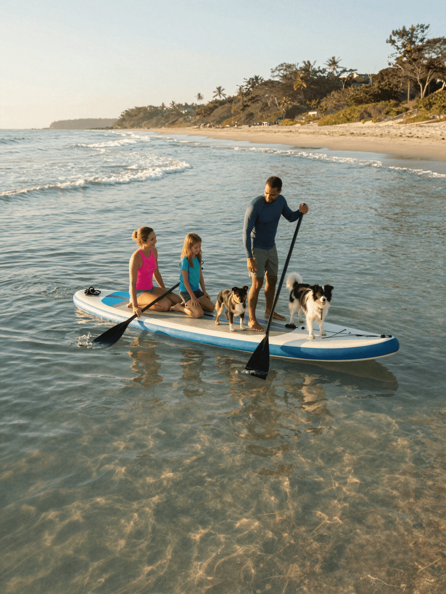 Family with dogs on a paddleboard