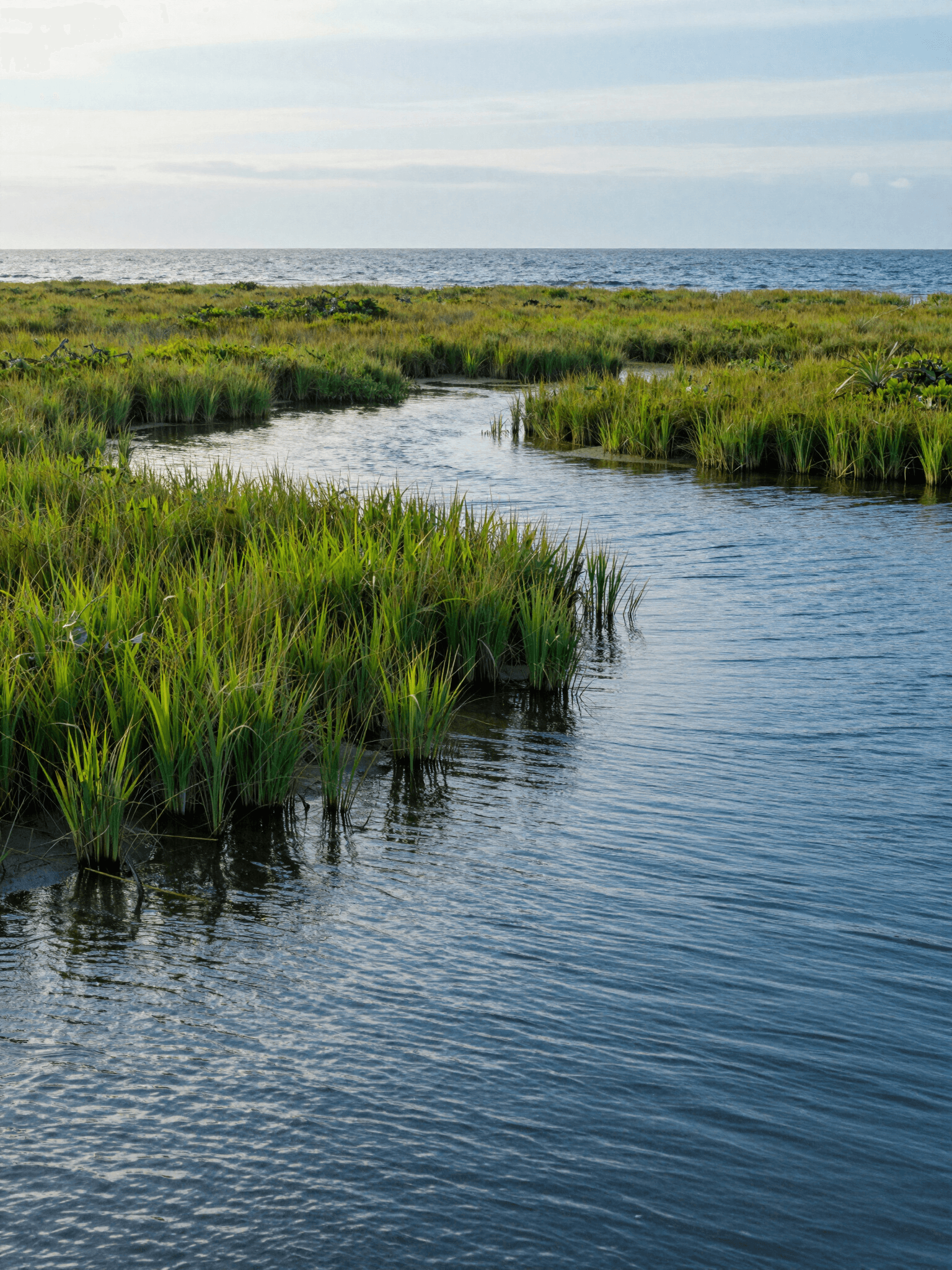Grassy waterway meeting the ocean
